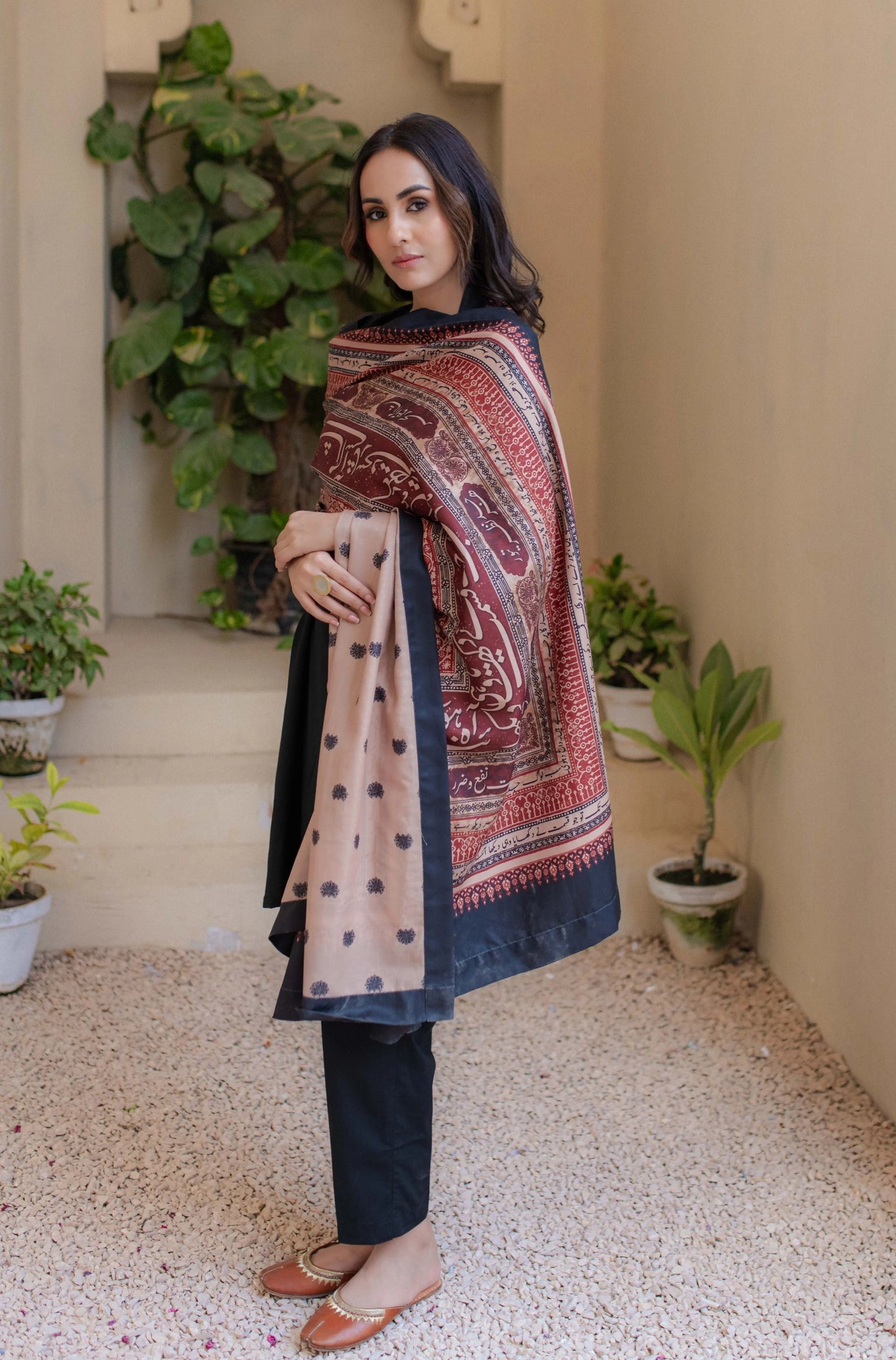 Rashk (Envious Moon) - Maroon & Tan Shawl