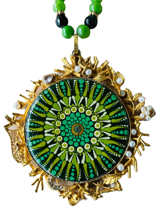 Green Mandala Necklace with Gold Frame