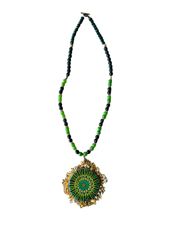 Green Mandala Necklace with Gold Frame