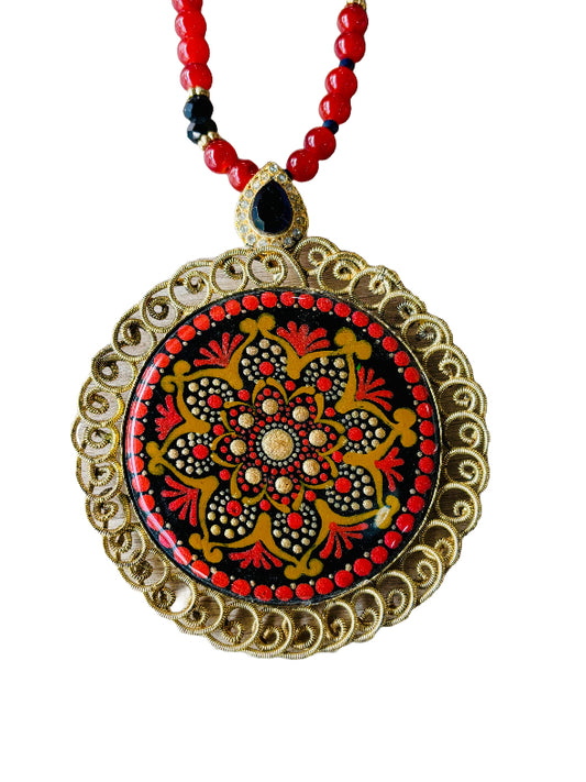 Red Mandala with Gold Frame Necklace