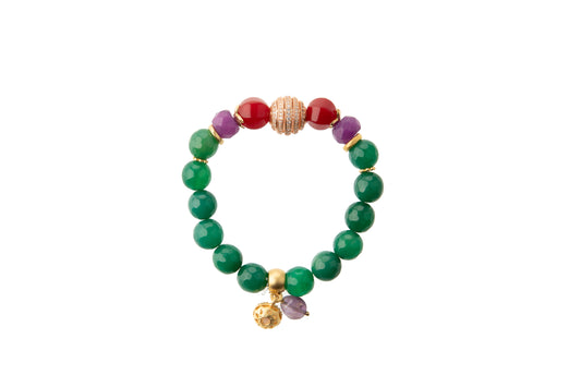 Green & Colored Agates with Gold-Plated Charm Bracelet
