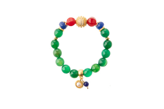 Green & Blue Agates with Gold-Plated Charm Bracelet