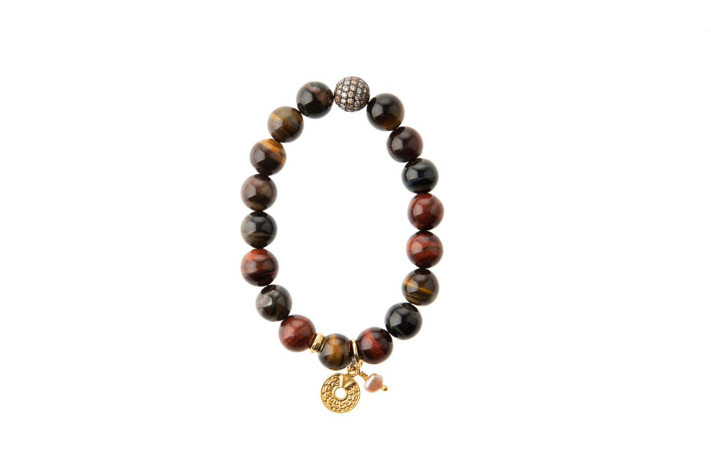 Tiger’s Eye with Genuine Pearl & Coin Charm Bracelet