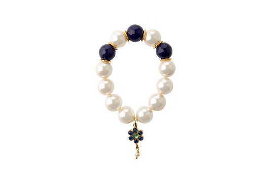 Pearl & Blue Agate with Silver Kundan Charm Bracelet