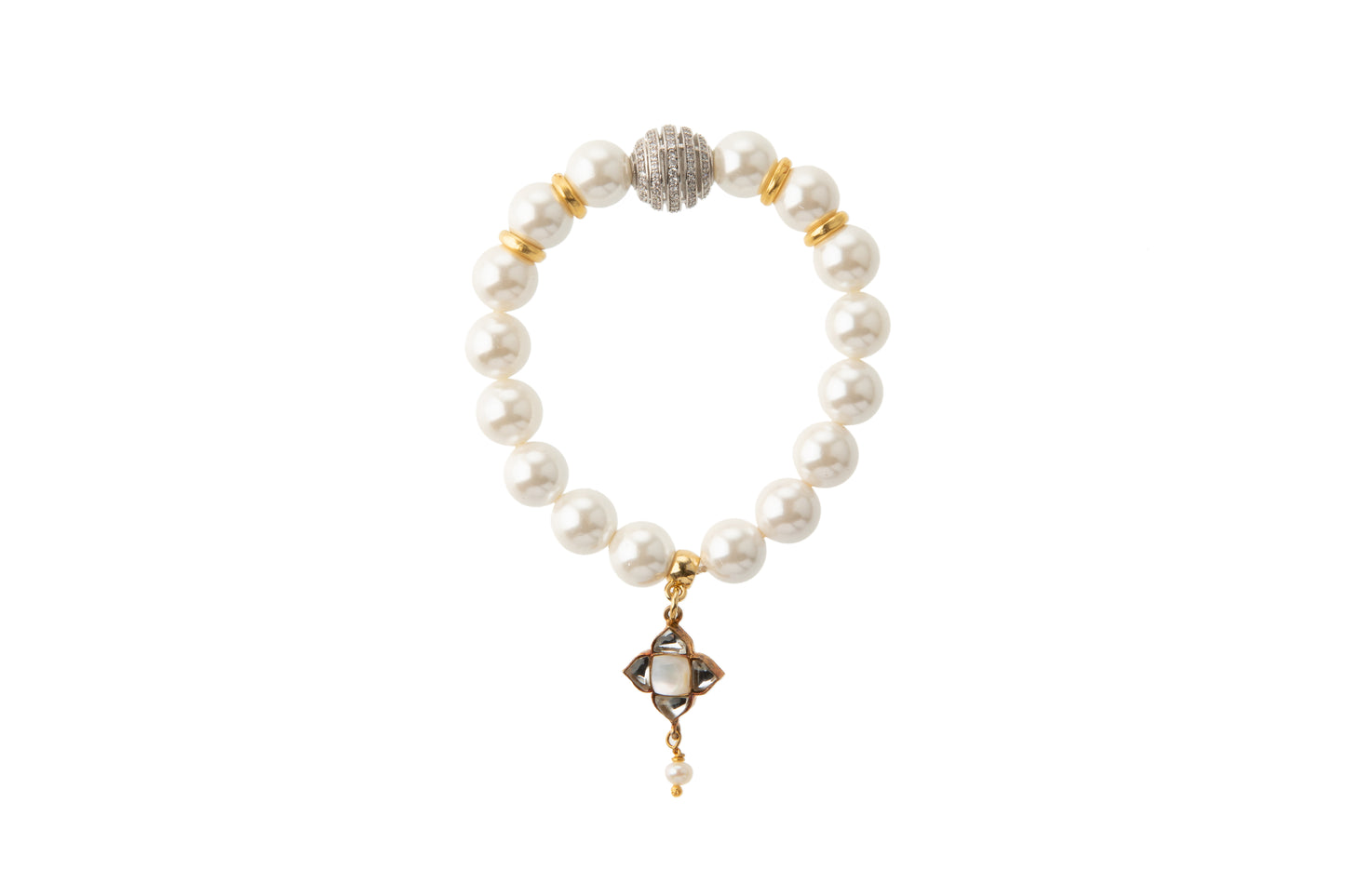 White Pearl with Gold-Plated Silver Kundan Charm Bracelet