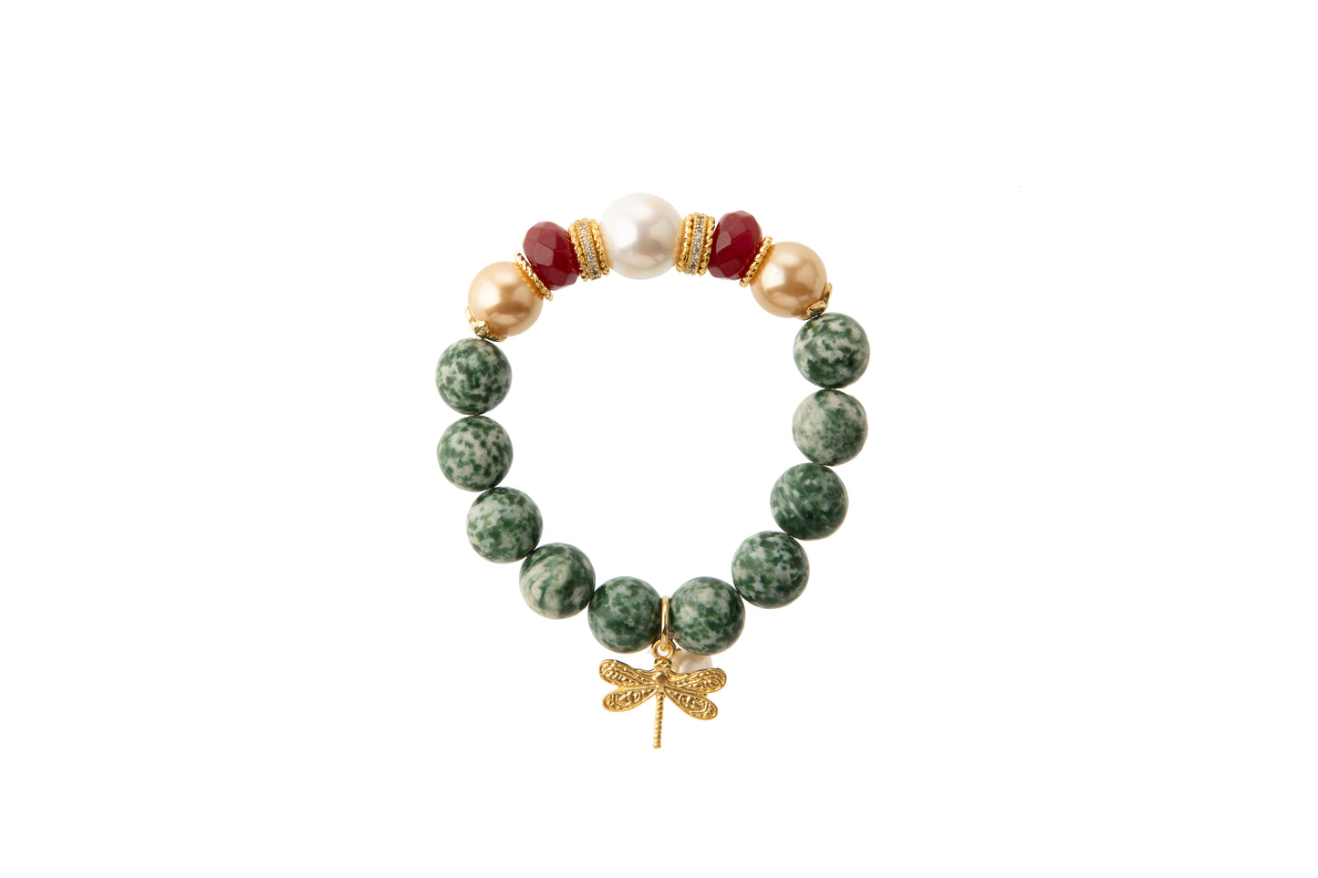 African Jade with Shell Pearls & Agate, Gold-Plated Dragonfly Bracelet
