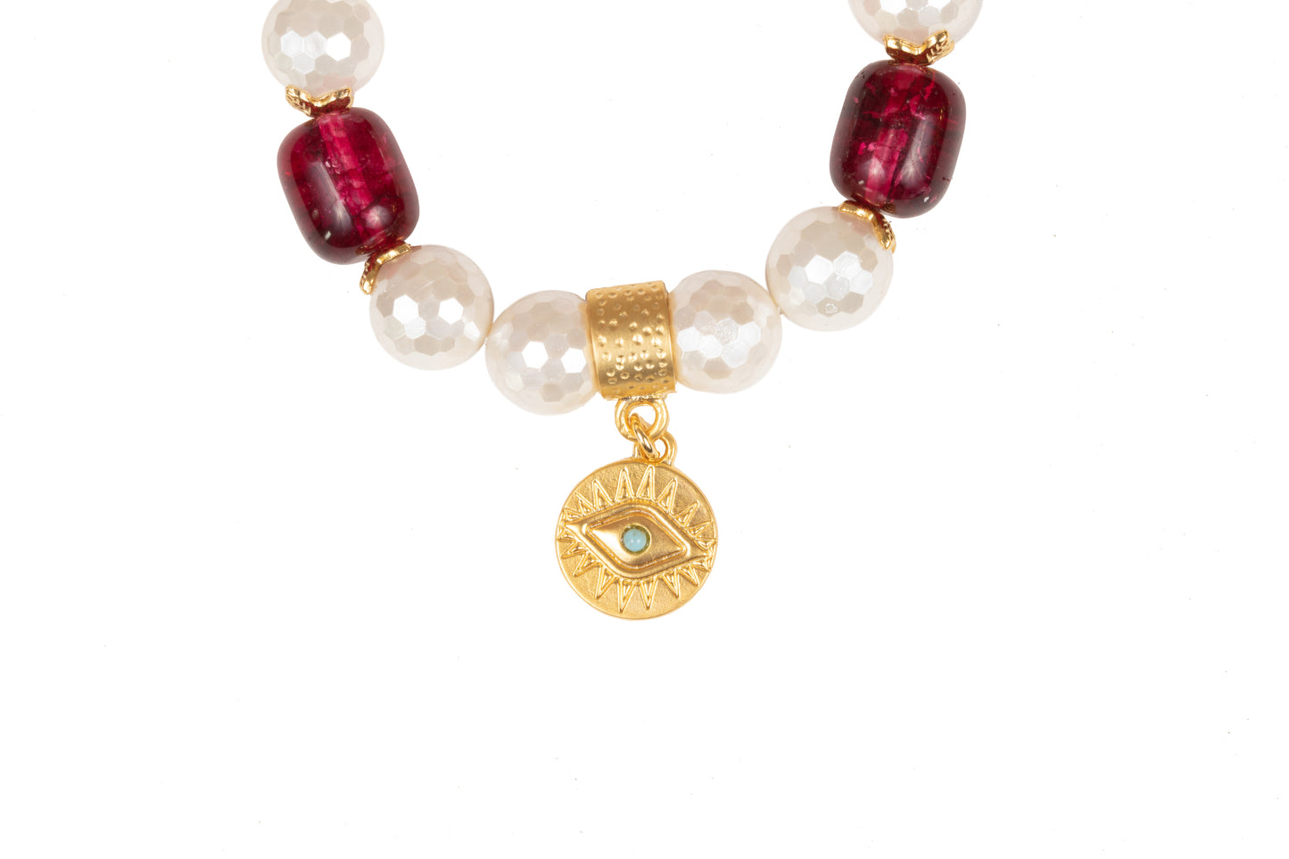 White Shell Pearl with Gold Plated Eye Charm Bracelet