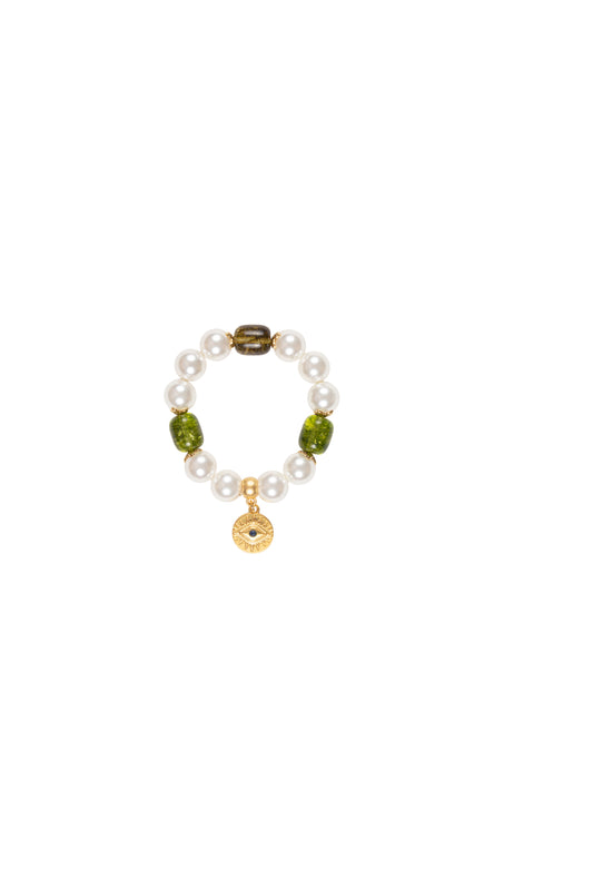 White Shell Pearl with Gold Plated Eye Charm Bracelet