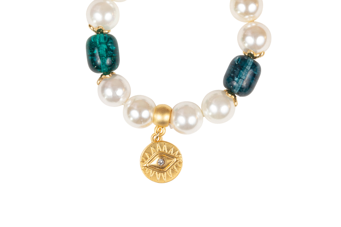 White Shell Pearl with Gold Plated Eye Charm Bracelet