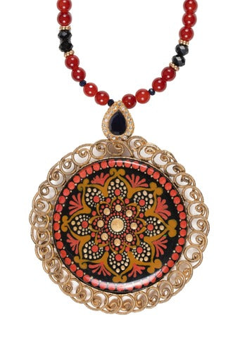 Red Mandala with Gold Frame Necklace