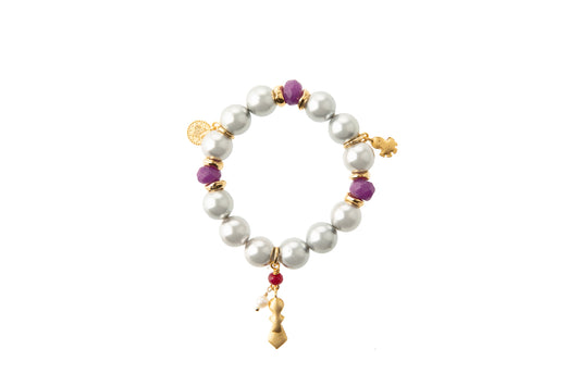 Silver Pearl & Purple Agate with 3 Gold-Plated Charms