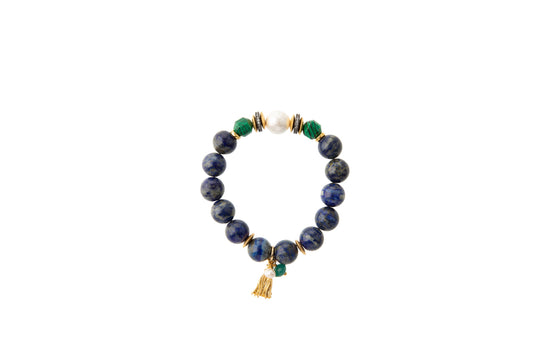 Lapis Malachite with Genuine Pearl Drop Bracelet