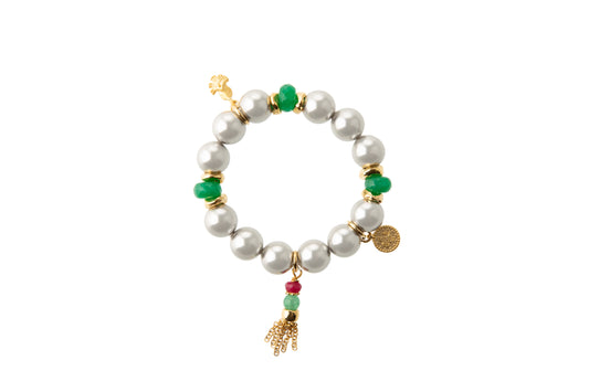 Silver Pearl & Colored Agates with 3 Gold-Plated Charms Bracelet