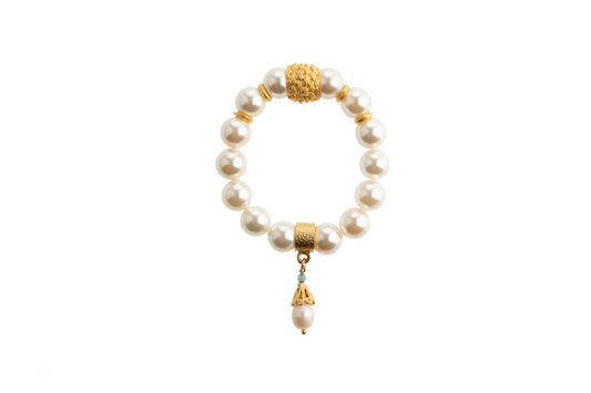 White Shell Pearl with Genuine Pearl Drop Charm Bracelet