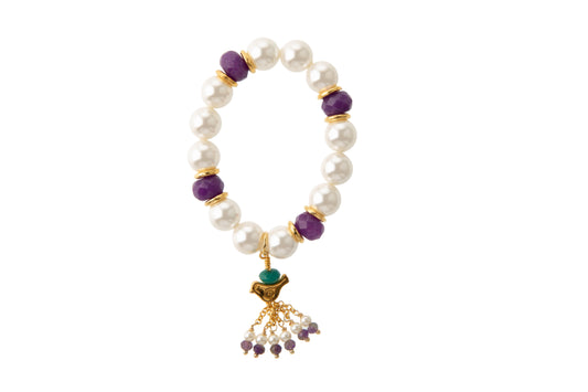 White Shell Pearl with Purple Agate & Gold-Plated Bird Tassel Bracelet