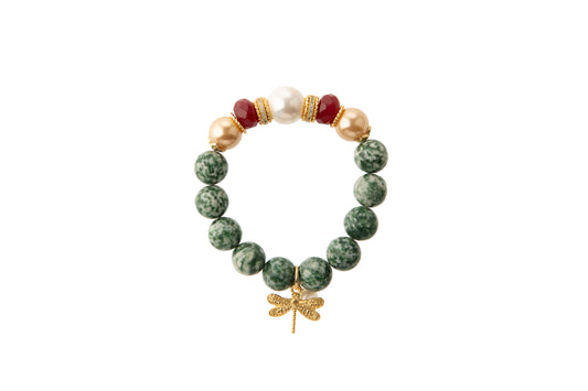 African Jade with Shell Pearls & Agate, Gold-Plated Dragonfly Bracelet