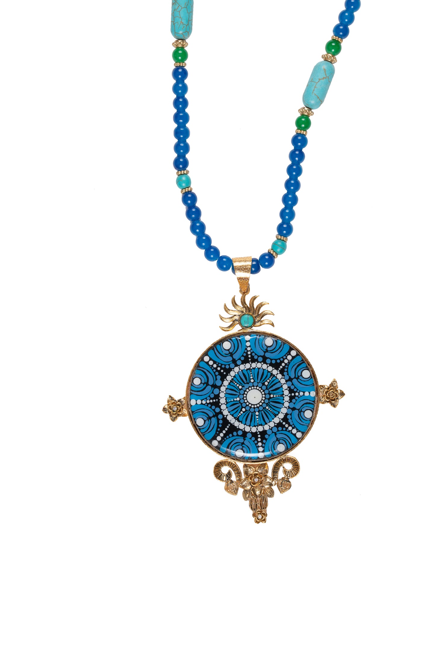Blue Mandala with Gold Frame Necklace
