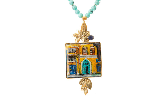 Yellow Building Facade Necklace with Turquoise String