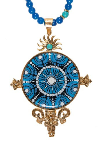 Blue Mandala with Gold Frame Necklace