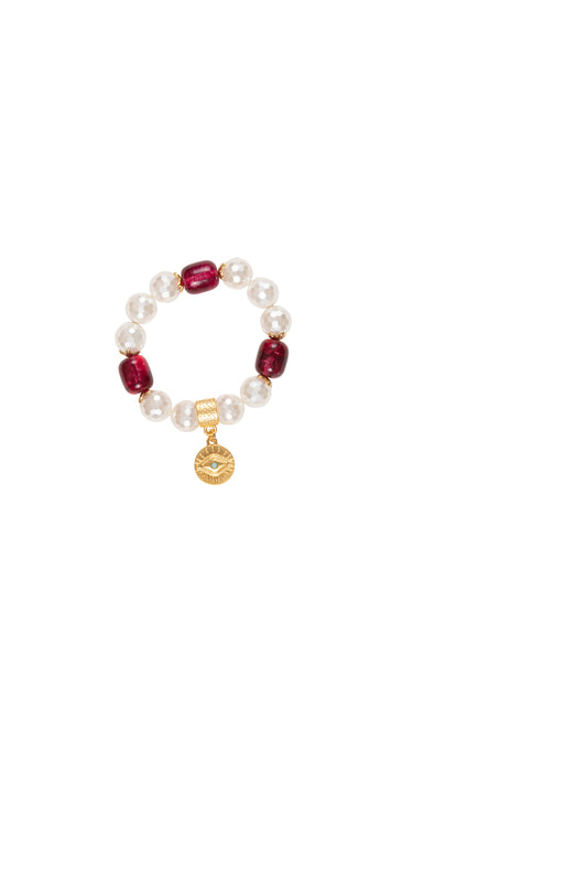 White Shell Pearl with Gold Plated Eye Charm Bracelet