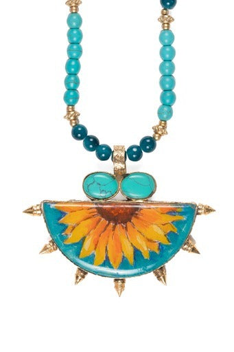 Sunflower With Turquoise Beaded String Necklace