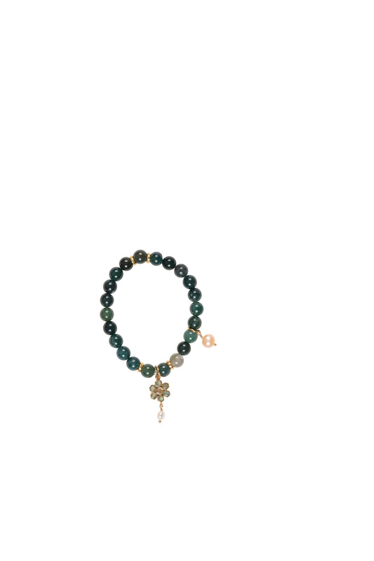 Moss Agate Beads with Silver, Gold-Plated Kundan Charm Bracelet