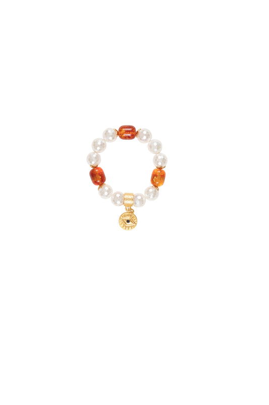 White Shell Pearl with Gold Plated Eye Charm Bracelet