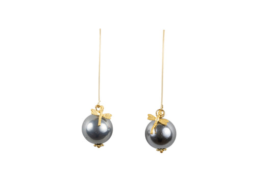 Grey Shell Pearl Drop Earrings With Gold Plated DragonFly