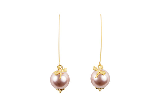 Shell Pearl Drop Blush Earrings With Gold-plated DragonFly